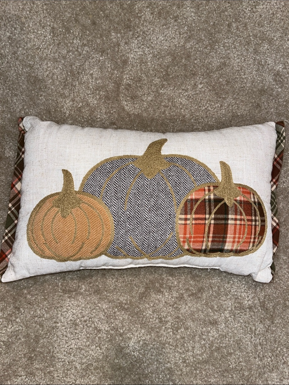 Autumn Plaid & Herringbone Pumpkin Decorative Pillow - White